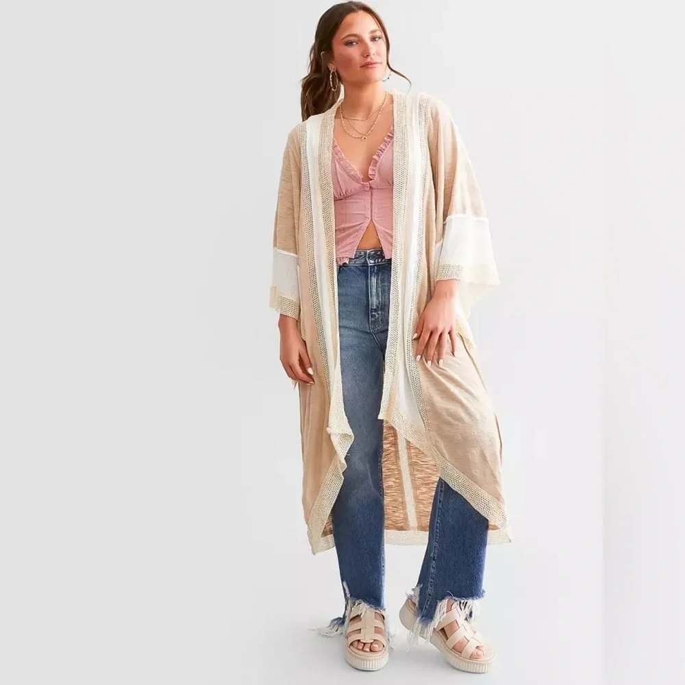 POL Boho Lagenlook Mixed Media Oversized Duster Cardi Beige Multi M Lightweight